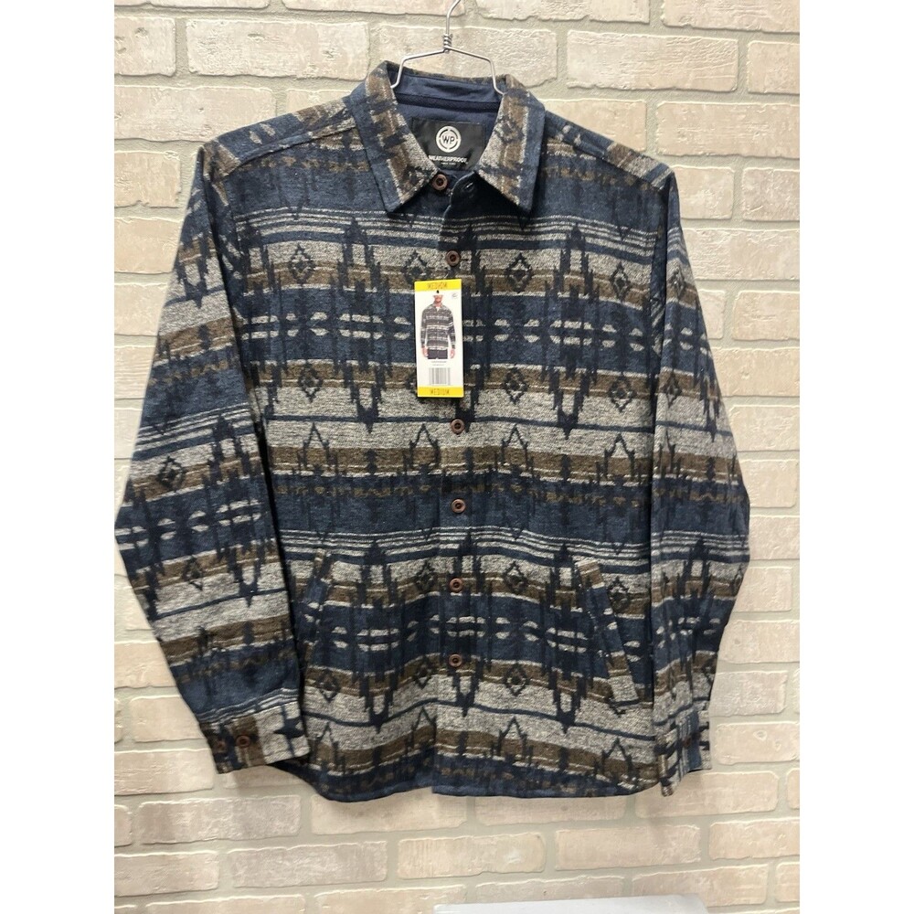 Waterproof men’s shaket long sleeve button-down hand pockets Sz M Blue Aztec NWT